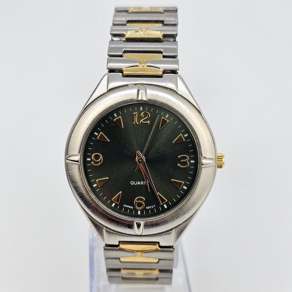 38MM Unisex Watch Green Dial Gold Gray Stretch Band 5.5"‎ New Battery